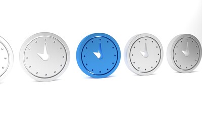 Blue Clock icon isolated on white background. Time symbol. Minimalism concept. 3D render illustration