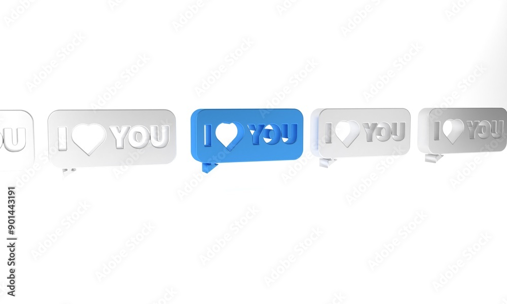 Poster Blue Speech bubble with text I love you icon isolated on white background. 8 March. International Happy Women Day. Minimalism concept. 3D render illustration