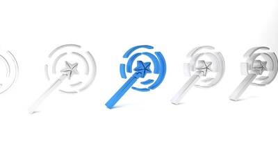 Blue Magic wand icon isolated on white background. Star shape magic accessory. Magical power. Minimalism concept. 3D render illustration