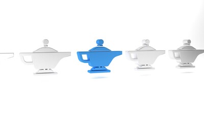 Blue Magic lamp or Aladdin lamp icon isolated on white background. Spiritual lamp for wish. Minimalism concept. 3D render illustration