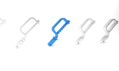 Blue Hacksaw icon isolated on white background. Metal saw for wood and metal. Minimalism concept. 3D render illustration