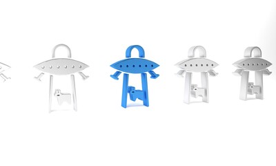 Blue UFO abducts cow icon isolated on white background. Flying saucer. Alien space ship. Futuristic unknown flying object. Minimalism concept. 3D render illustration