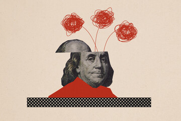 Composite trend artwork collage of caricature copyspace miniature presindent franklin half head...