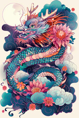 Chinese dragon with full moon and clouds. Illustration of Chinese zodiac.