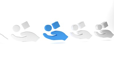 Blue Cube levitating above hand icon isolated on white background. Levitation symbol. Minimalism concept. 3D render illustration
