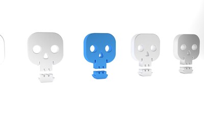Blue Skull icon isolated on white background. Happy Halloween party. Minimalism concept. 3D render illustration