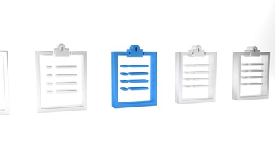 Blue Clipboard with checklist icon isolated on white background. Control list symbol. Survey poll or questionnaire feedback form. Minimalism concept. 3D render illustration