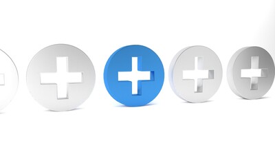 Blue Cross hospital medical icon isolated on white background. First aid. Diagnostics symbol. Medicine and pharmacy sign. Minimalism concept. 3D render illustration