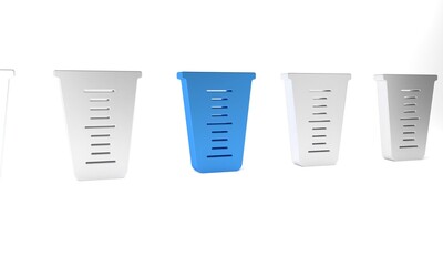 Blue Measuring cup to measure dry and liquid food icon isolated on white background. Plastic graduated beaker with handle. Minimalism concept. 3D render illustration