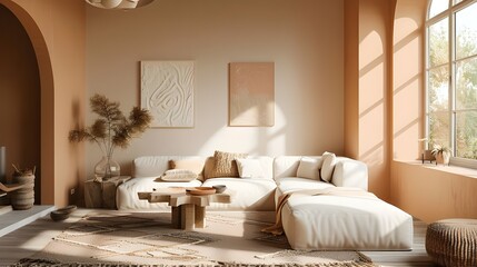 Living Room with Soft Peach Fuzz Walls, Minimalist Decor, White Sofa, and Natural Light