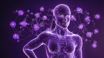Innovative glowing human Hologram connections set against a purple backdrop in a mock-up setting. internet hiring,