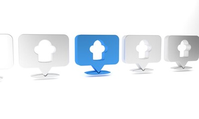 Blue Chef hat with location icon isolated on white background. Cooking symbol. Cooks hat. Minimalism concept. 3D render illustration