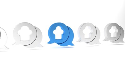 Blue Chef hat in speech bubble icon isolated on white background. Cooking symbol. Cooks hat. Minimalism concept. 3D render illustration