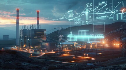 Electric Dreams Futuristic Power Complex at Twilight with Sustainable Solutions