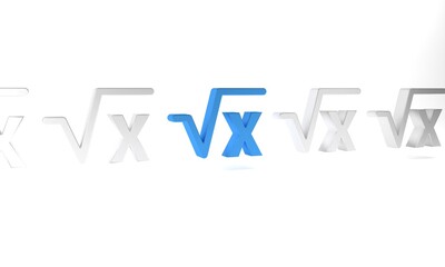 Blue Square root of x glyph icon isolated on white background. Mathematical expression. Minimalism concept. 3D render illustration