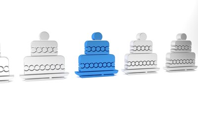 Blue Cake icon isolated on white background. Happy Birthday. Minimalism concept. 3D render illustration