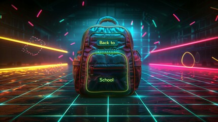 A black backpack with neon green text that reads Back to School sits on a gridded floor, in a retro-futuristic setting with glowing neon lines.