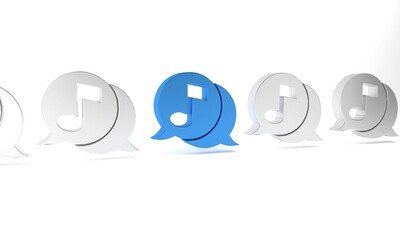 Blue Musical note in speech bubble icon isolated on white background. Music and sound concept. Minimalism concept. 3D render illustration