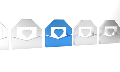 Blue Envelope with Valentine heart icon isolated on white background. Message love. Letter love and romance. Minimalism concept. 3D render illustration