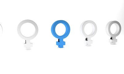 Blue Female gender symbol icon isolated on white background. Venus symbol. The symbol for a female organism or woman. Minimalism concept. 3D render illustration