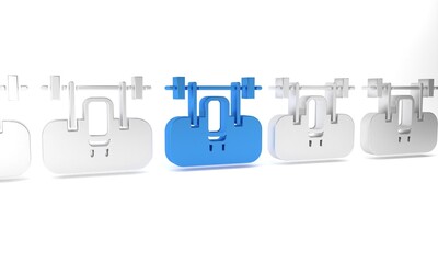 Blue Bench with barbel icon isolated on white background. Gym equipment. Bodybuilding, powerlifting, fitness concept. Minimalism concept. 3D render illustration