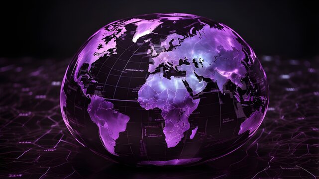 Innovative holographic purple map or globe on a black backdrop. Earth, the metaverse, and the idea of technology. dimensions.
