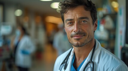 Medical professional with a stethoscope, wearing a white coat and blue scrubs, standing in a hospital corridor, looking confidently at the camera