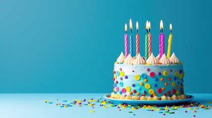 Delicious Birthday Cake With Five Colorful Candles on a Soft Blue Background