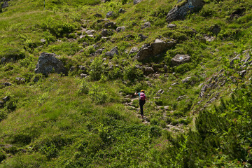 Obraz premium Woman hiker with poles and backpack