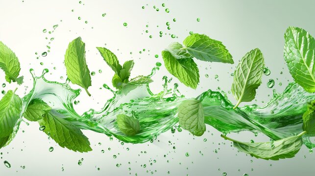Vivid menthol burst with green mint leaves curve in a realistic splash. Cool and refreshing banner