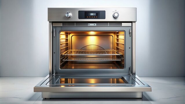 Modern stainless steel electric oven with open door and bright interior light, showcasing hot air ventilation system, set against a clean and minimalist background.
