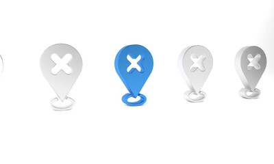 Blue Map pin with cross mark icon isolated on white background. Navigation, pointer, location, map, gps, direction, place, compass, search concept. Minimalism concept. 3D render illustration