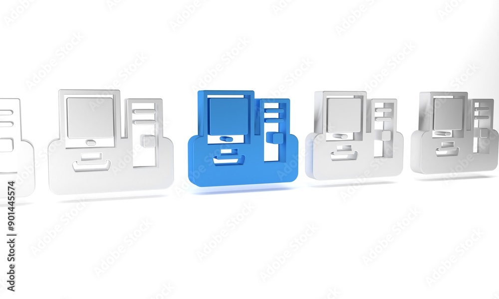 Poster blue computer monitor with keyboard and mouse icon isolated on white background. pc component sign. 
