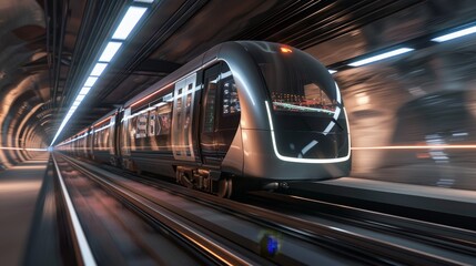 Obraz premium Future Forward Dynamic Urban Train Speeding Through Tunnel Showcasing Vibrant Regeneration Projects