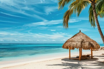 Tranquil Tropical Beach With Crystal Clear Water and Lush Palm Trees at Sunrise