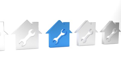 Blue House or home with wrench icon isolated on white background. Adjusting, service, setting, maintenance, repair, fixing. Minimalism concept. 3D render illustration