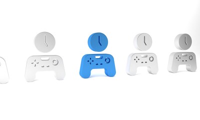 Blue Gamepad of time icon isolated on white background. Time to play games. Game controller. Minimalism concept. 3D render illustration