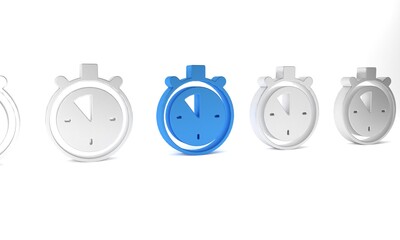 Blue Stopwatch icon isolated on white background. Time timer sign. Chronometer sign. Minimalism concept. 3D render illustration