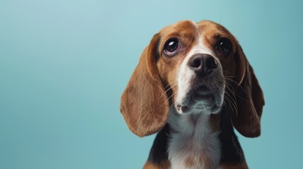 Beagle in studio on light blue background