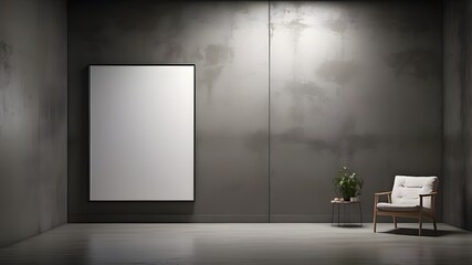 White poster with lighting on a dark concrete wall featuring a mock-up location. Concept for a grunge art museum. dimensions.