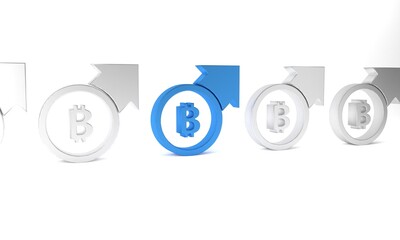 Blue Financial growth and bitcoin coin icon isolated on white background. Increasing revenue. Minimalism concept. 3D render illustration
