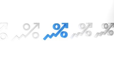 Blue Percent up arrow icon isolated on white background. Increasing percentage sign. Minimalism concept. 3D render illustration