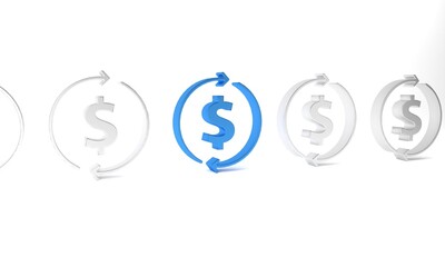 Blue Financial growth and dollar coin icon isolated on white background. Increasing revenue. Minimalism concept. 3D render illustration