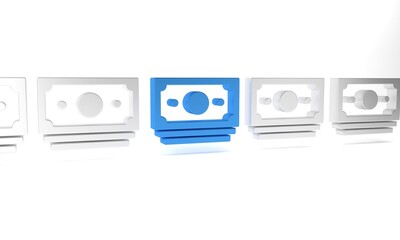 Obraz premium Blue Stacks paper money cash icon isolated on white background. Money banknotes stacks. Bill currency. Minimalism concept. 3D render illustration