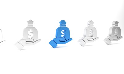 Blue Hand holding money bag icon isolated on white background. Dollar or USD symbol. Cash Banking currency sign. Minimalism concept. 3D render illustration