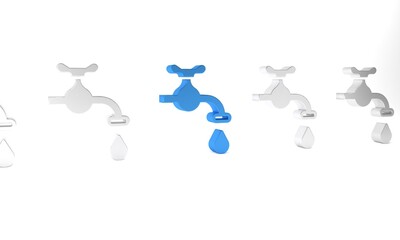 Blue Water tap with a falling water drop icon isolated on white background. Minimalism concept. 3D render illustration