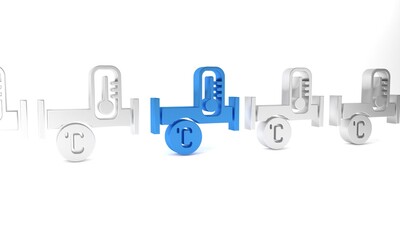 Blue Industry metallic pipe and temperature icon isolated on white background. Plumbing pipeline parts of different shapes. Minimalism concept. 3D render illustration