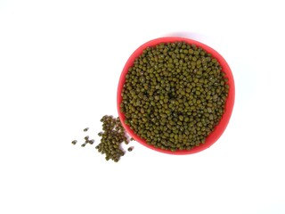 Group of green mung beans or mungo beans or mongo beans isolated on white background.Used as ingredient in both savoury and sweet dishes.