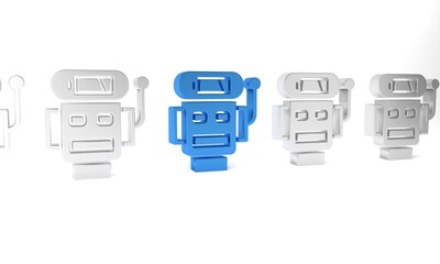 Blue Robot low battery charge icon isolated on white background. Artificial intelligence, machine learning, cloud computing. Minimalism concept. 3D render illustration
