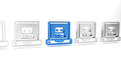 Blue Creating robot icon isolated on white background. Artificial intelligence, machine learning, cloud computing. Minimalism concept. 3D render illustration